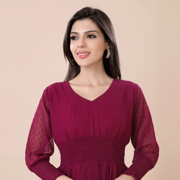 Wine_Georgette_Self_Woven_Dress_|_For_Women