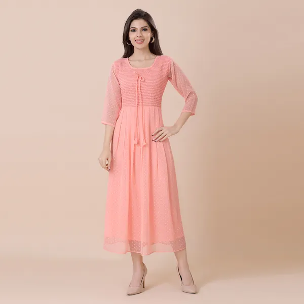 Peach_Georgette_Self_Woven_Dress_|_For_Women