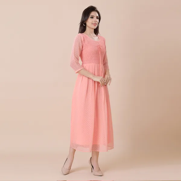 Peach_Georgette_Self_Woven_Dress_|_For_Women