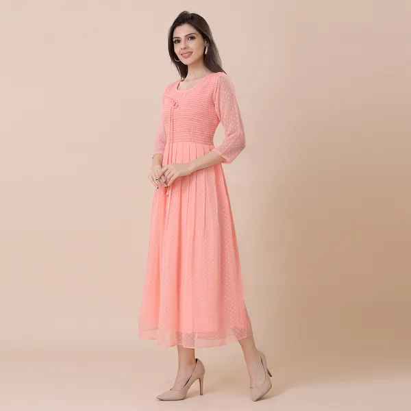 Peach_Georgette_Self_Woven_Dress_|_For_Women