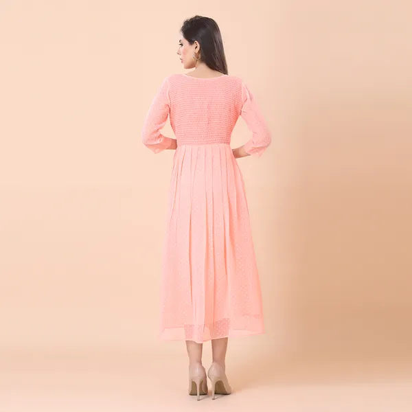 Peach_Georgette_Self_Woven_Dress_|_For_Women