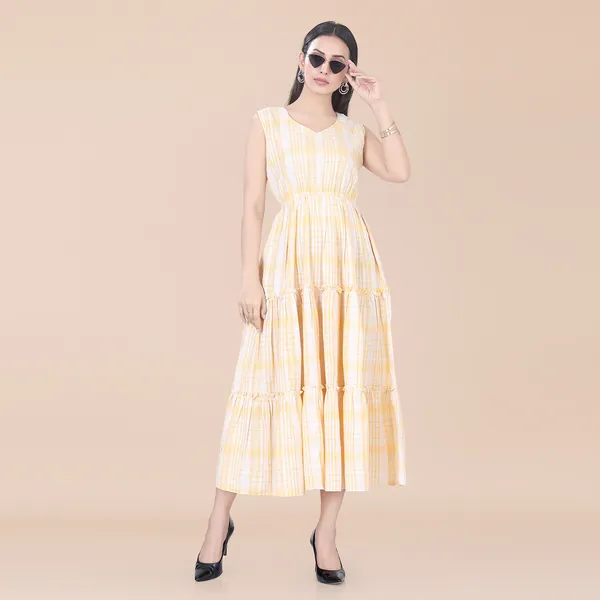 Yellow_Cotton_Embellished_Checks_Dress_|_For_Women