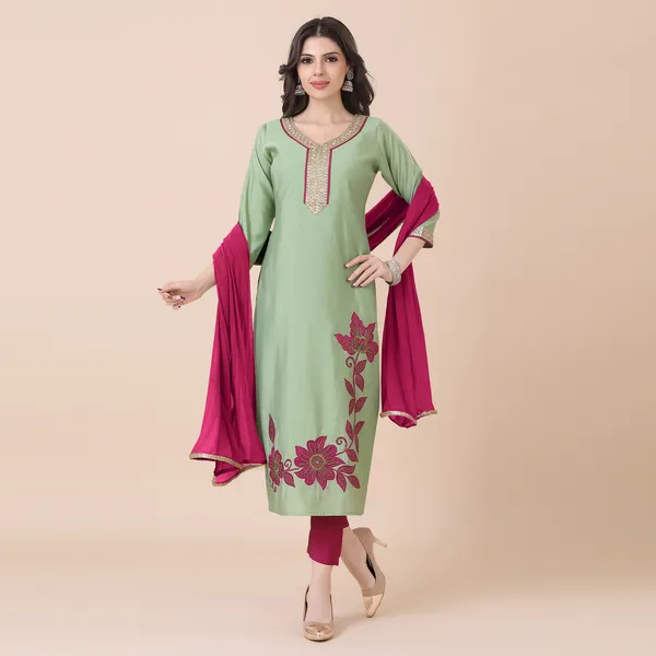 Olive_Green_Silk_Patchwork_Suit_Set_|_For_Women