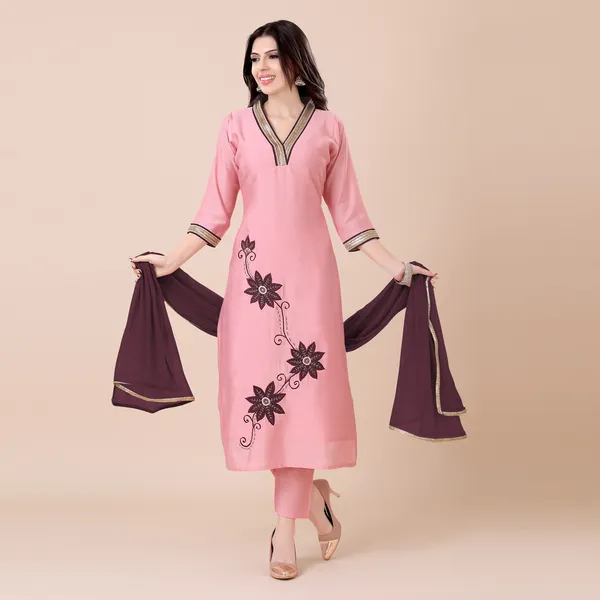 Baby_Pink_Silk_Patchwork_Suit_Set_|_For_Women