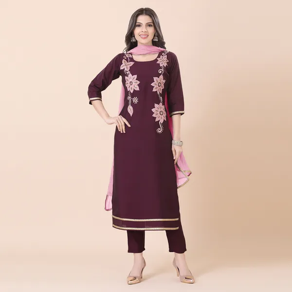 Plum_Wine_Silk_Patchwork_Suit_Set_|_For_Women
