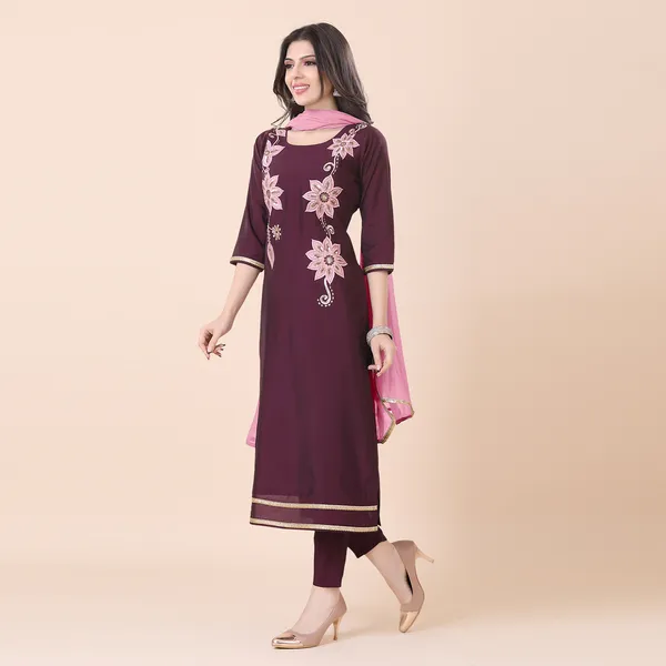 Plum_Wine_Silk_Patchwork_Suit_Set_|_For_Women