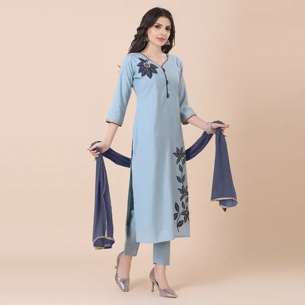 Sky_Blue_Silk_Patchwork_Suit_Set_|_For_Women