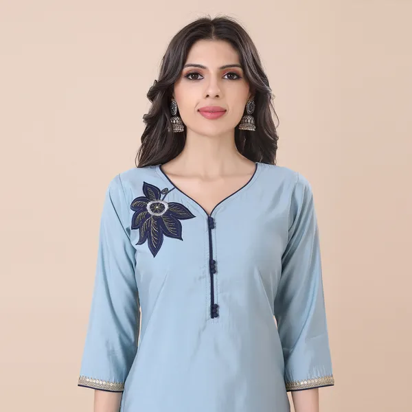 Sky_Blue_Silk_Patchwork_Suit_Set_|_For_Women