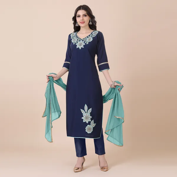 Navy_Blue_Silk_Patchwork_Suit_Set_|_For_Women