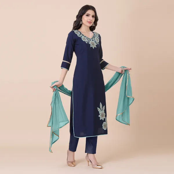Navy_Blue_Silk_Patchwork_Suit_Set_|_For_Women