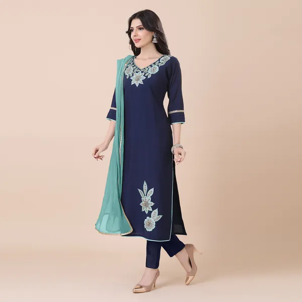 Navy_Blue_Silk_Patchwork_Suit_Set_|_For_Women