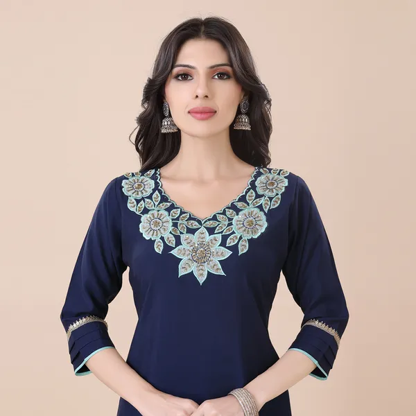 Navy_Blue_Silk_Patchwork_Suit_Set_|_For_Women