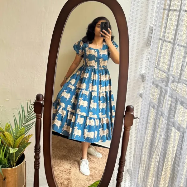 Blue_Cow_Print_Cotton_Midi_Dress