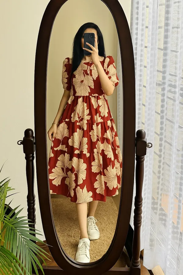 Maroon_Ginkgo_Leaf_Cotton_Midi_Dress