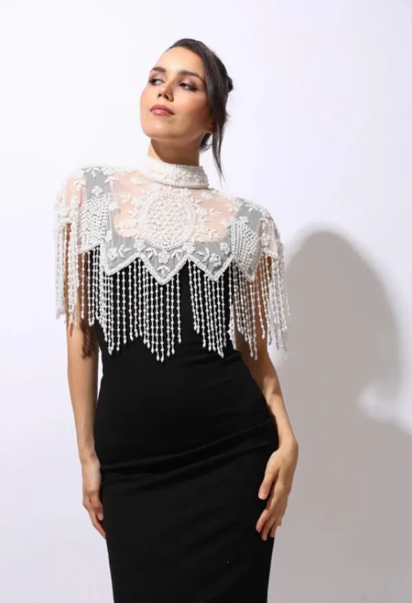 White_Elegant_Designer_Net_Pearl_Beaded_Poncho_Shrug_For_Women