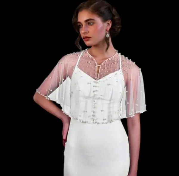White_Elegant_Sheer_Net_Overlay_Pearl_Work_Poncho_For_Women