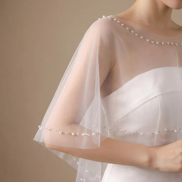 White_Net_Bridal_Beaded_Tulle_Poncho_Shawls_With_Pearl_For_Women