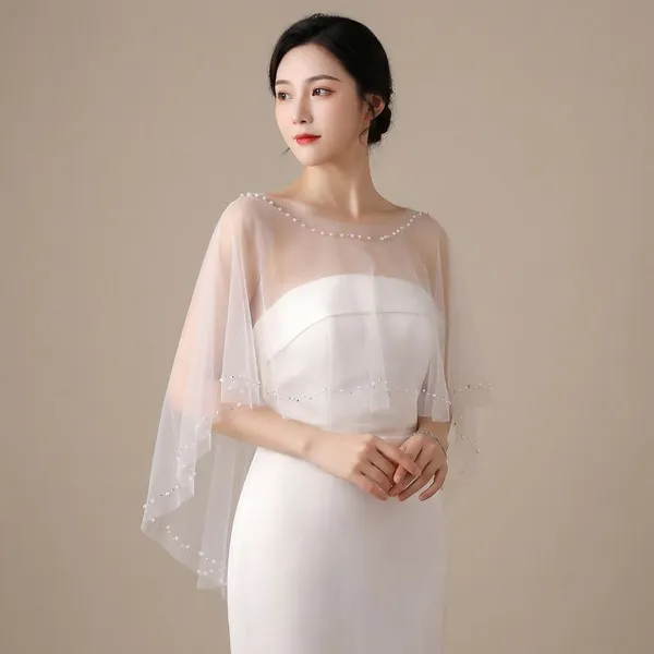 White_Net_Bridal_Beaded_Tulle_Poncho_Shawls_With_Pearl_For_Women