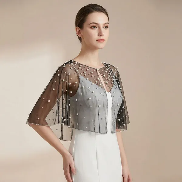 Black_Net_Short_Poncho_Pearl_Luxury_Party_Wear_Jacket_For_Women