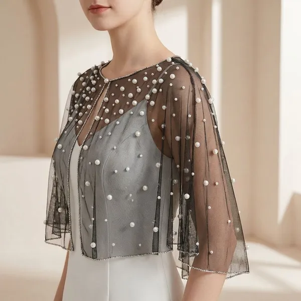 Black_Net_Short_Poncho_Pearl_Luxury_Party_Wear_Jacket_For_Women