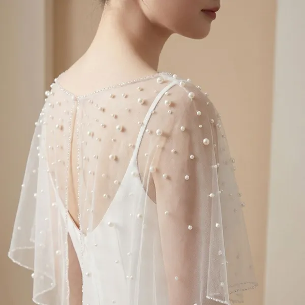 White_Net_Short_Poncho_Pearl_Luxury_Party_Wear_Jacket_For_Women