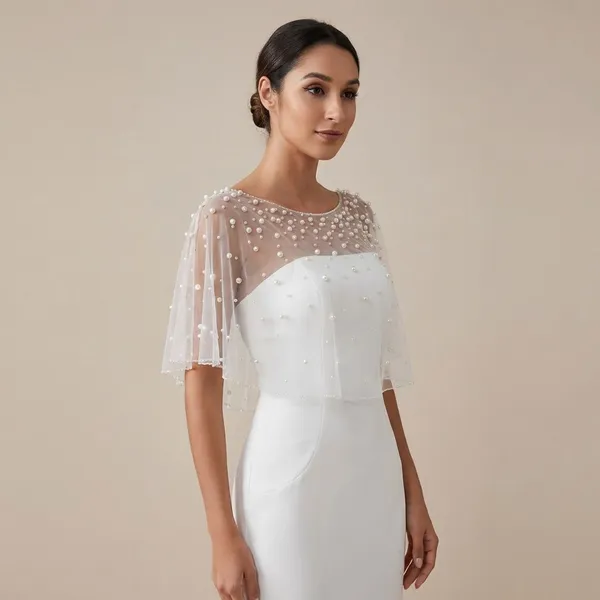 White_Net_Short_Poncho_With_Pearls_For_Women