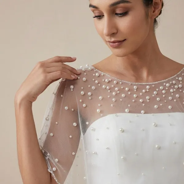 White_Net_Short_Poncho_With_Pearls_For_Women