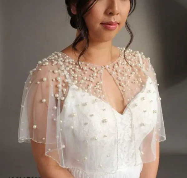 White_Pearl_Beaded_Ready_To_Wear_Bridal_Jacket_Cape_Poncho_For_Women