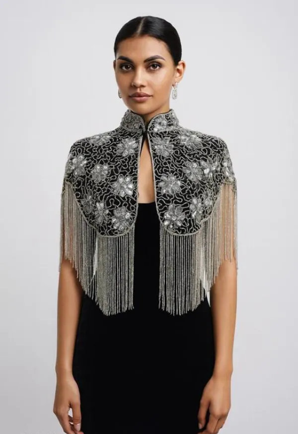 Black_Elegant_Silver_Beaded_Cape_Poncho_Shrug_Party_Wear_Western_Jacket_Style_For_Women