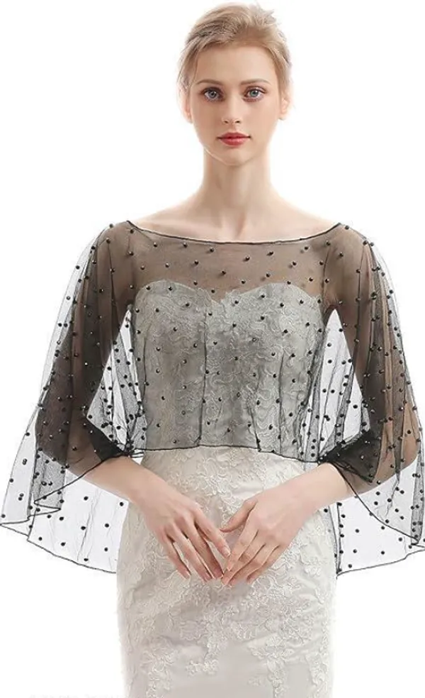 Black_Elegant_Polka-Dot_Net_Poncho_Shrug_Party_&_Bridal_Gown_Cover-Up_With_Pearl_Accents_For_Women