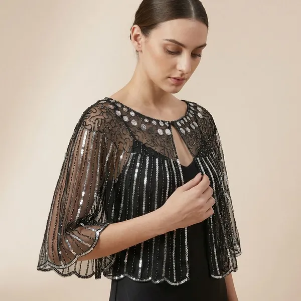 Black_Sequin_Beaded_Poncho_Shrug_Wrap_Shawl_For_Women