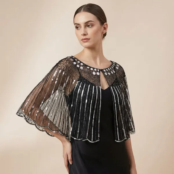 Black_Sequin_Beaded_Poncho_Shrug_Wrap_Shawl_For_Women