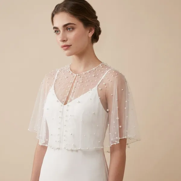 White_Elegant_Sheer_Net_Overlay_Pearl_Work_Poncho_For_Women