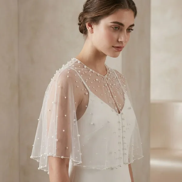 White_Elegant_Sheer_Net_Overlay_Pearl_Work_Poncho_For_Women