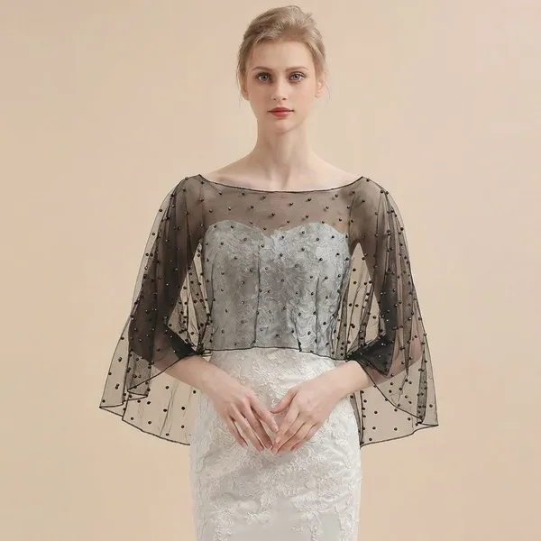 Black_Elegant_Polka-Dot_Net_Poncho_Shrug_Party_&_Bridal_Gown_Cover-Up_With_Pearl_Accents_For_Women