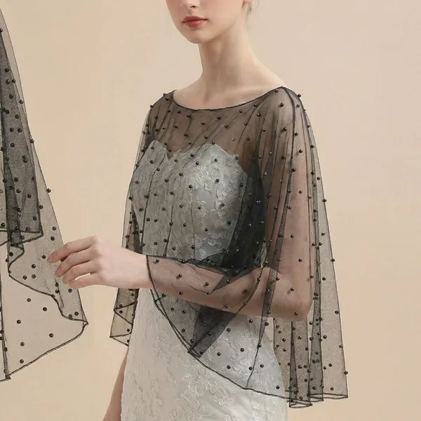Black_Elegant_Polka-Dot_Net_Poncho_Shrug_Party_&_Bridal_Gown_Cover-Up_With_Pearl_Accents_For_Women