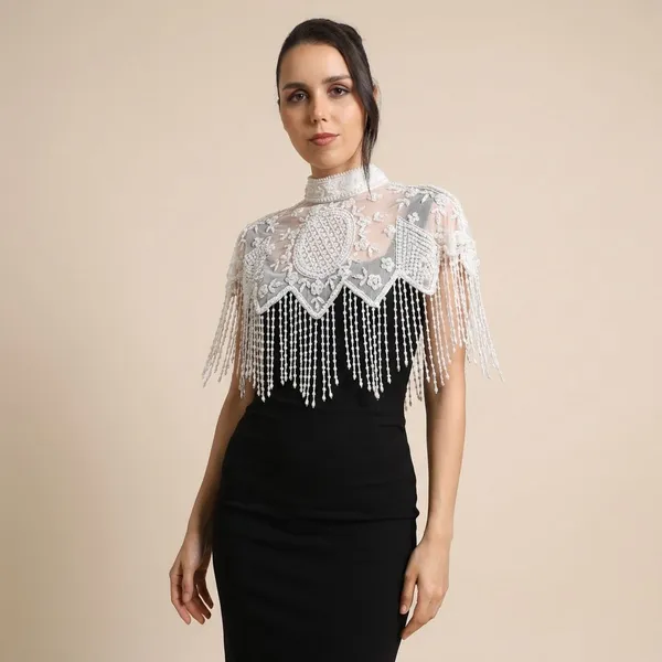 White_Elegant_Designer_Net_Pearl_Beaded_Poncho_Shrug_For_Women