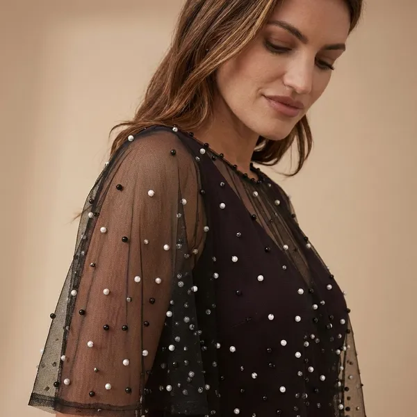 Black_Stylish_Western_Overlay_Net_Pearl_Embellished_Poncho_For_Women
