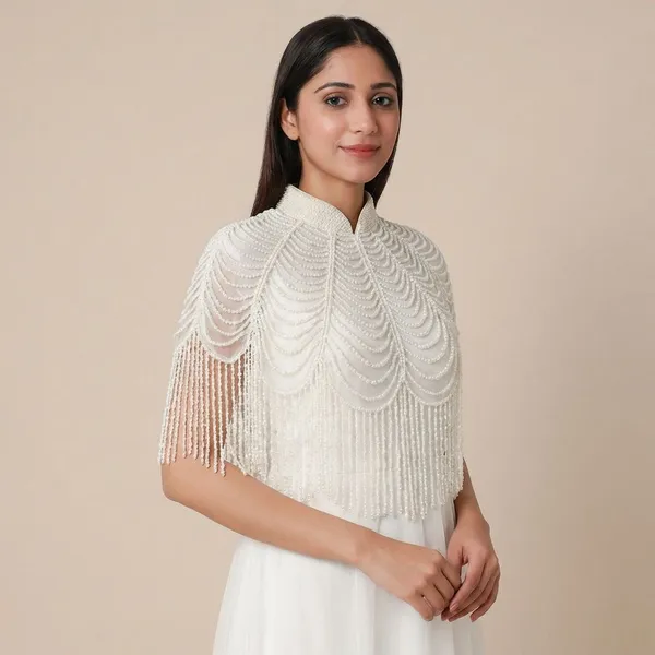 White_Trendy_Design_Pearls_Ponchos_For_Women