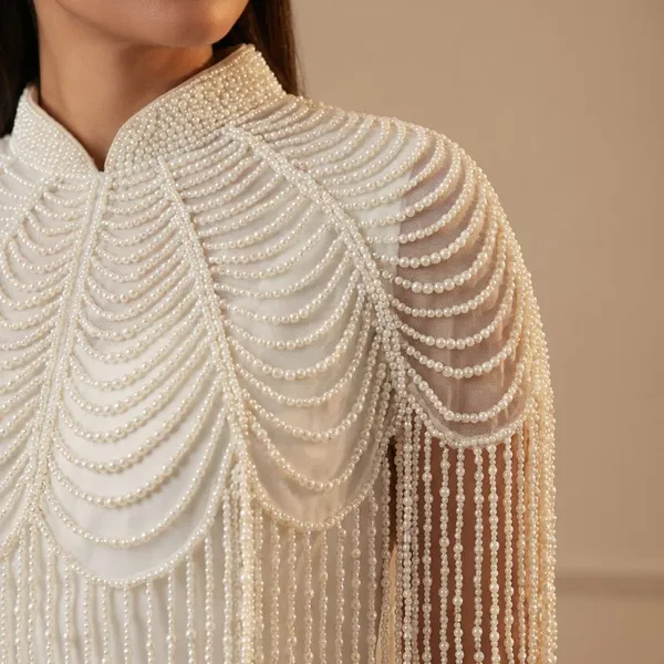 White_Trendy_Design_Pearls_Ponchos_For_Women