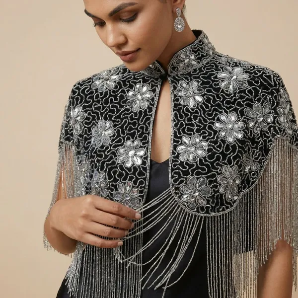 Black_Elegant_Silver_Beaded_Cape_Poncho_Shrug_Party_Wear_Western_Jacket_Style_For_Women