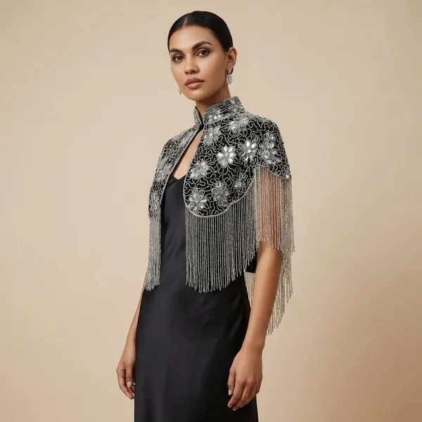 Black_Elegant_Silver_Beaded_Cape_Poncho_Shrug_Party_Wear_Western_Jacket_Style_For_Women