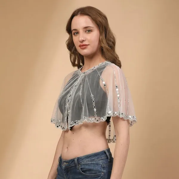 White_Net_Mirror_&_Coddana_Beads_Handwork_Crop_Cape_Poncho_Shrug_For_Women
