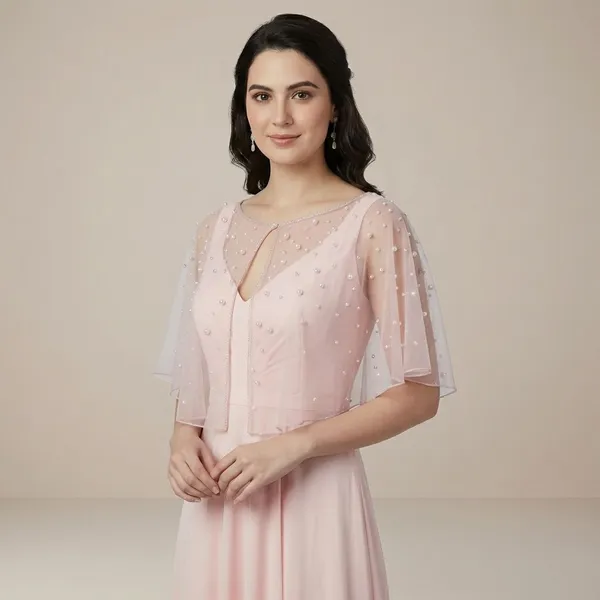 Peach_Elegant_Sheer_Mesh_Pearl_Beaded_Cape_Poncho_Let_Festive_Party_Wear_Shrug_For_Women