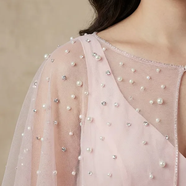 Peach_Elegant_Sheer_Mesh_Pearl_Beaded_Cape_Poncho_Let_Festive_Party_Wear_Shrug_For_Women