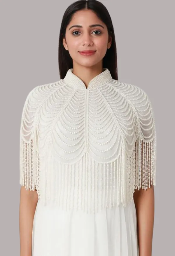 White_Trendy_Design_Pearls_Ponchos_For_Women