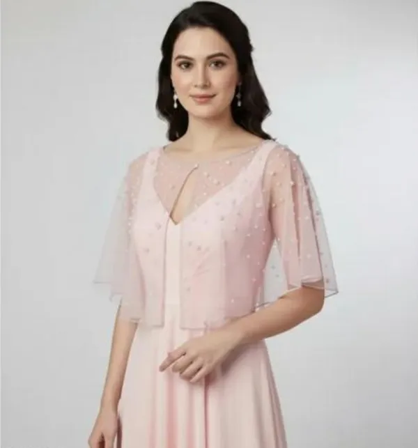 Peach_Elegant_Sheer_Mesh_Pearl_Beaded_Cape_Poncho_Let_Festive_Party_Wear_Shrug_For_Women
