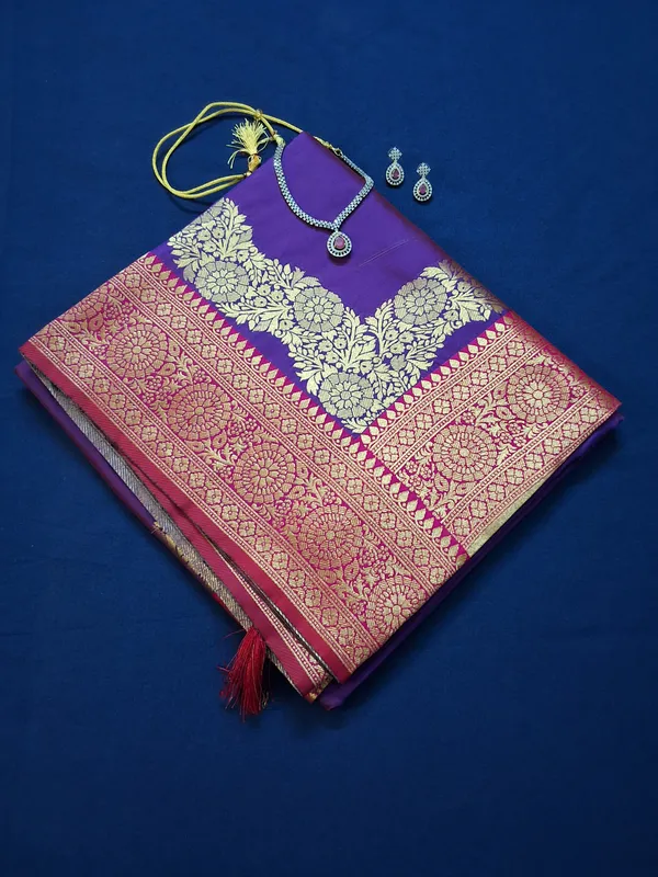 Rich_Purple_&_Rani_Pink_Banarasi_Silk_Saree_With_Unstitched_Blouse