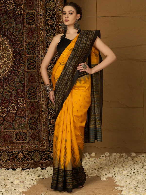 Yellow_&_Black_Bhagalpuri_Cotton_Saree_With_Unstitched_Blouse