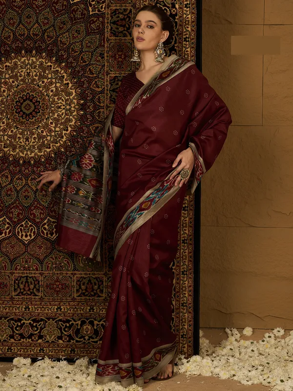 Understated_Maroon_Beauty_Bhagalpuri_Cotton_Saree_With_Unstitched_Blouse